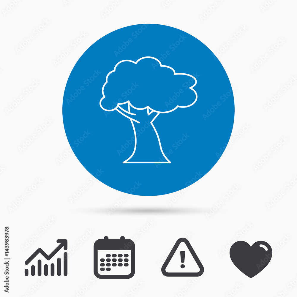 Oak tree icon. Forest wood sign. Nature environment symbol. Calendar, attention sign and growth chart. Button with web icon. Vector Oak tree icon. Forest wood sign. Nature environment symbol. Calendar, attention sign and growth chart. Button with web icon. Vector