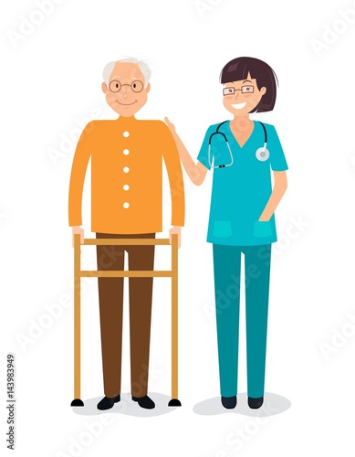 Young female nurse helping senior man to use walking frame. Vector flat  illustration