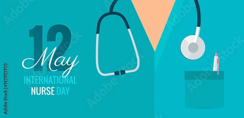 12 May. International Nurse Day background. Close-up of nurse`s uniform and stethoscope. Vector flat illustration  