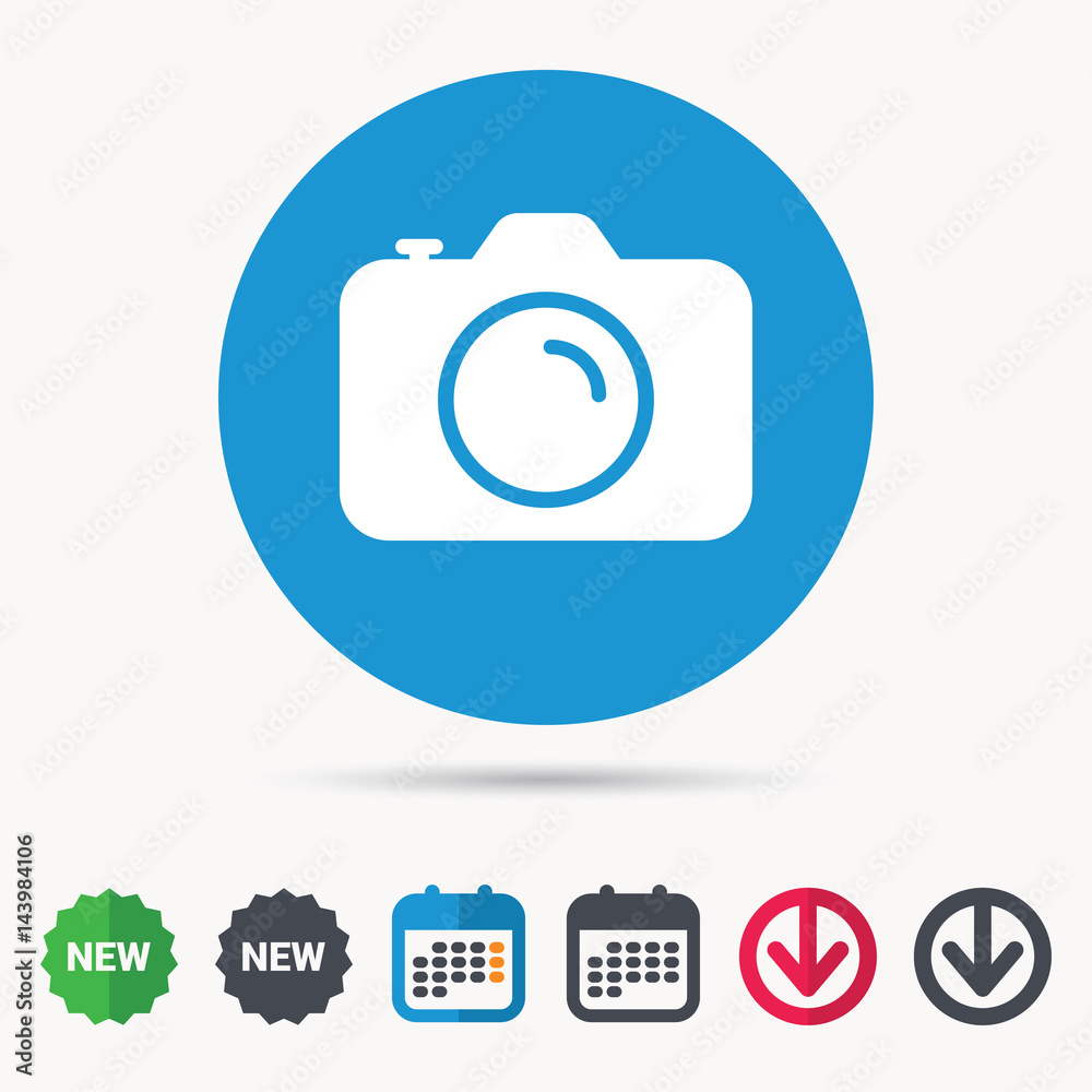 Camera icon. Professional photocamera symbol. Calendar, download arrow and new tag signs. Colored flat web icons. Vector Camera icon. Professional photocamera symbol. Calendar, download arrow and new tag signs. Colored flat web icons. Vector