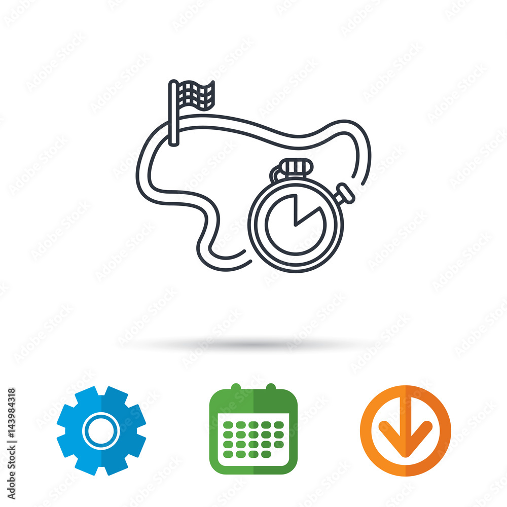 Race road icon. Finishing flag with timer sign. Calendar, cogwheel and download arrow signs. Colored flat web icons. Vector Race road icon. Finishing flag with timer sign. Calendar, cogwheel and download arrow signs. Colored flat web icons. Vector
