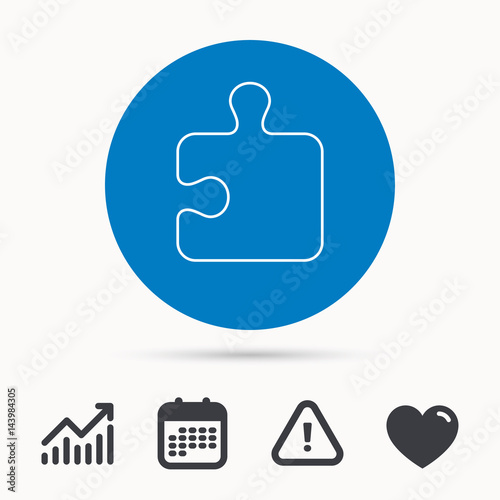 Puzzle icon. Jigsaw logical game sign. Boardgame piece symbol. Calendar, attention sign and growth chart. Button with web icon. Vector