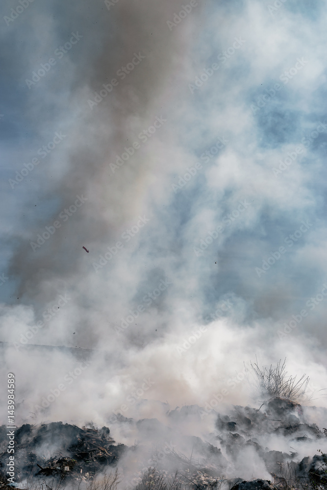Fire at landfill with white smoke in sunny weather and clouded sky. Fire at landfill with white smoke in sunny weather and clouded sky.