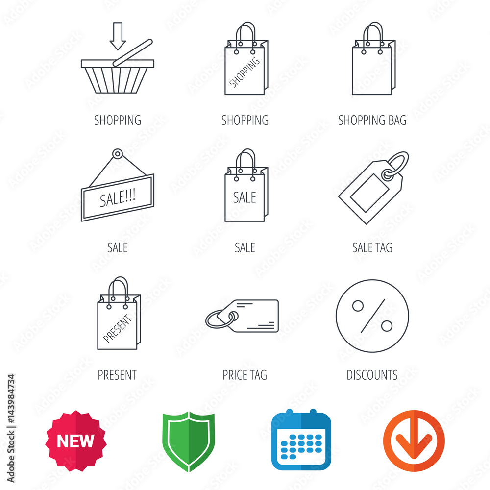 Shopping cart, gift bag and sale coupon icons. Special offer label linear signs. Discount icon. New tag, shield and calendar web icons. Download arrow. Vector Shopping cart, gift bag and sale coupon icons. Special offer label linear signs. Discount icon. New tag, shield and calendar web icons. Download arrow. Vector