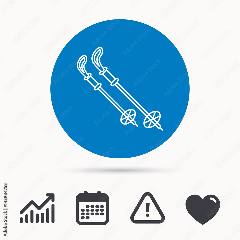 Skiing icon. Ski sticks or poles sign. Winter sport symbol. Calendar, attention sign and growth chart. Button with web icon. Vector Skiing icon. Ski sticks or poles sign. Winter sport symbol. Calendar, attention sign and growth chart. Button with web icon. Vector