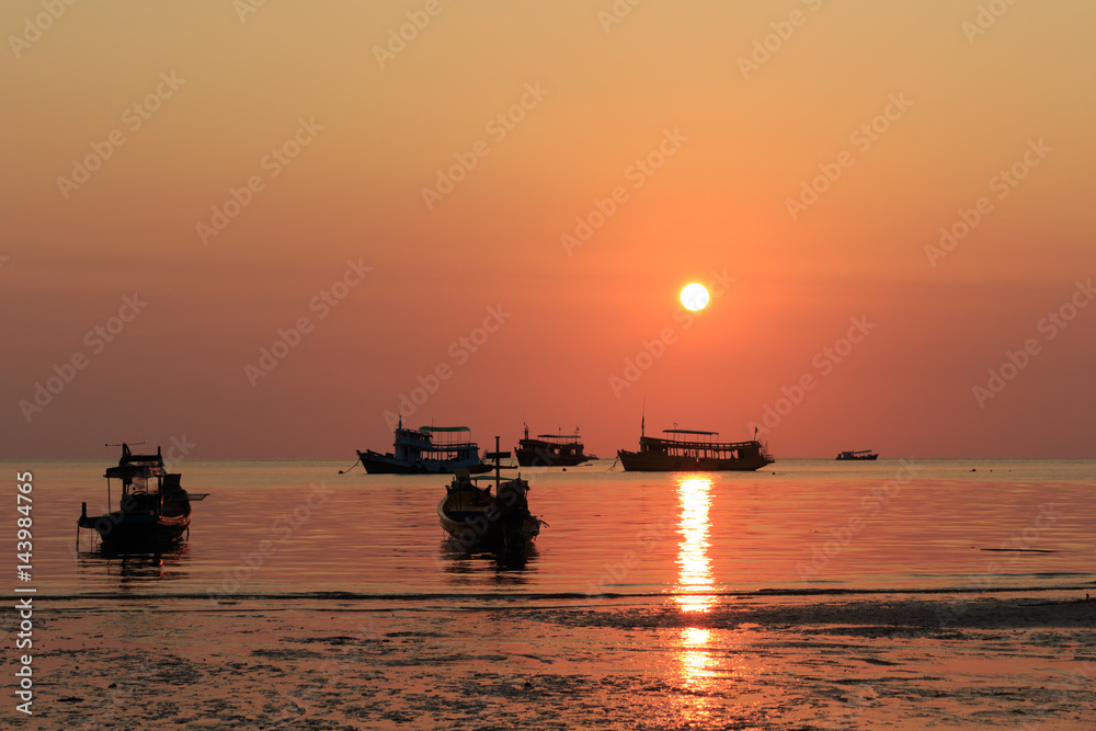 Long Tail boats at Koh Tao Thailand at sunset