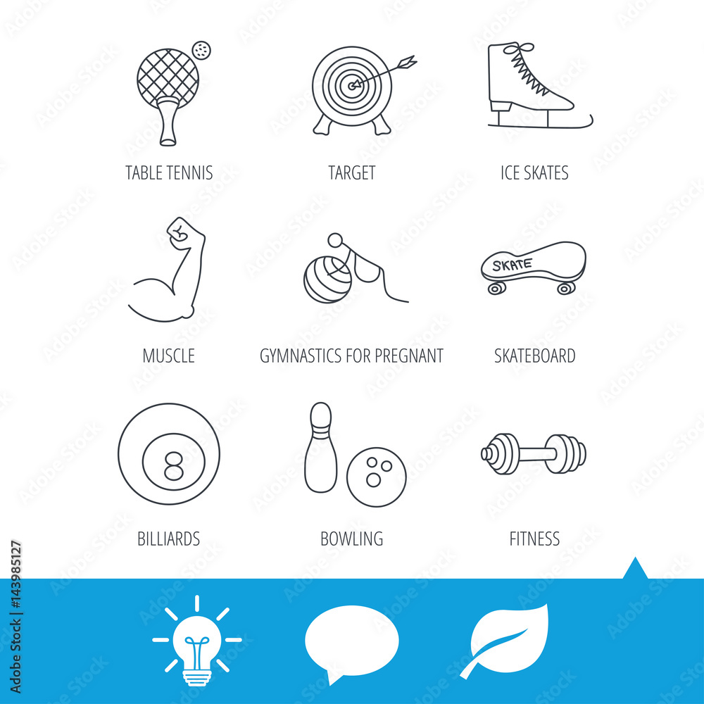 Target, table tennis and fitness sport icons. Skateboard, muscle and bowling linear signs. Ice skates, billiards and gymnastics icons. Light bulb, speech bubble and leaf web icons. Vector