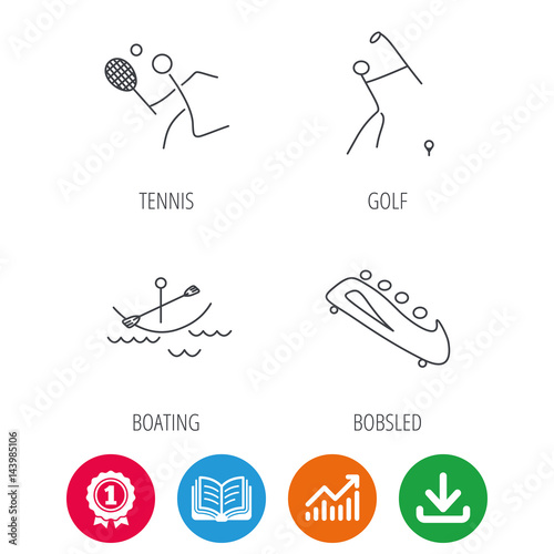 Boating, tennis and golf icons. Bobsled linear sign. Award medal, growth chart and opened book web icons. Download arrow. Vector