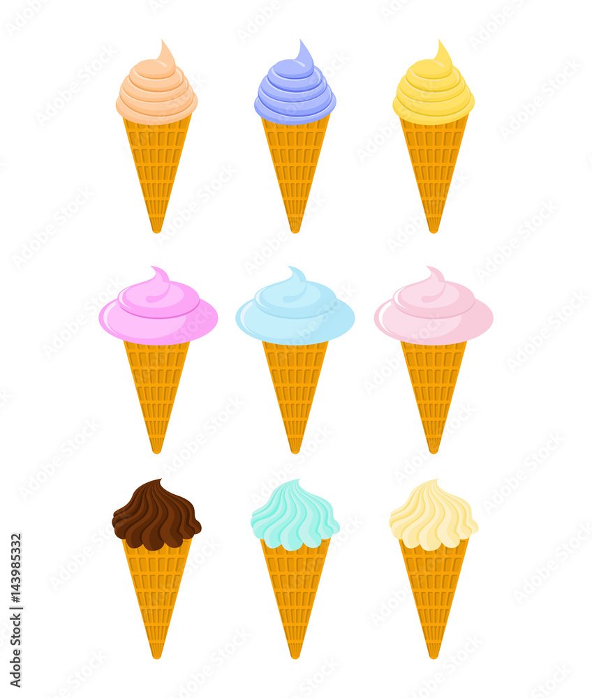 Cone Ice cream set. Dessert waffle cup. Sweetness Cone Ice cream set. Dessert waffle cup. Sweetness