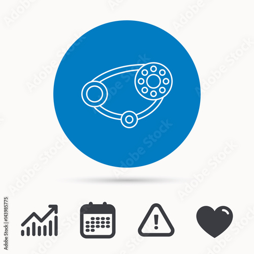 Timing belt icon. Generator strap sign. Repair service symbol. Calendar  attention sign and growth chart. Button with web icon. Vector