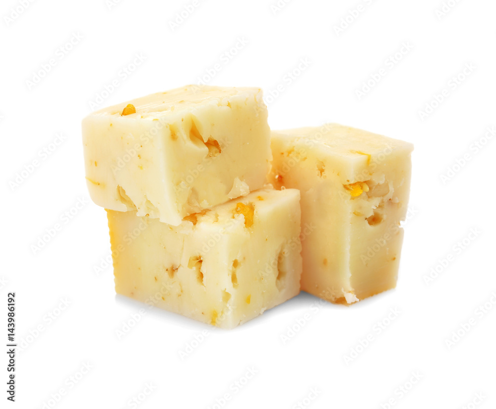Delicious cheese with coriander on white background