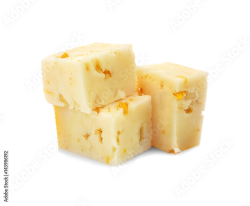 Delicious cheese with coriander on white background