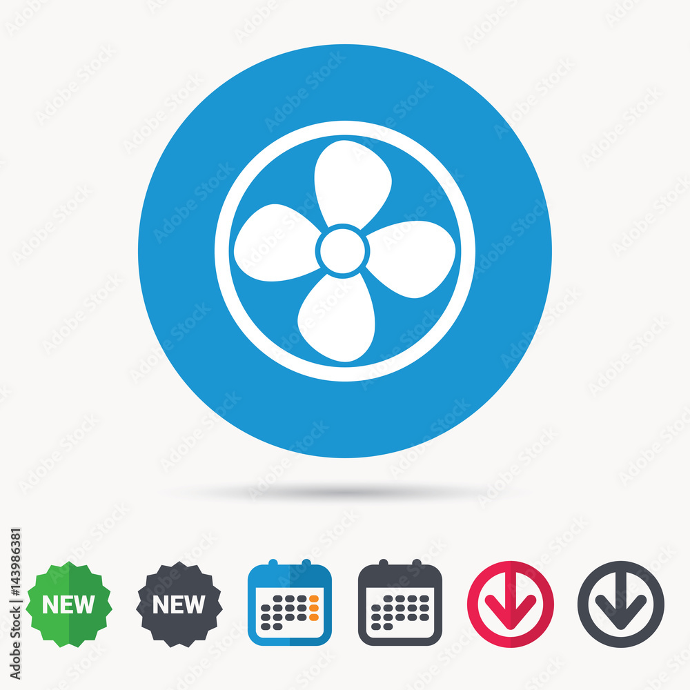 Ventilation icon. Air ventilator or fan symbol. Calendar, download arrow and new tag signs. Colored flat web icons. Vector Ventilation icon. Air ventilator or fan symbol. Calendar, download arrow and new tag signs. Colored flat web icons. Vector