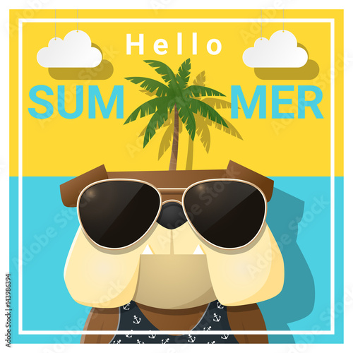Hello summer background with dog wearing sunglasses , vector , illustration