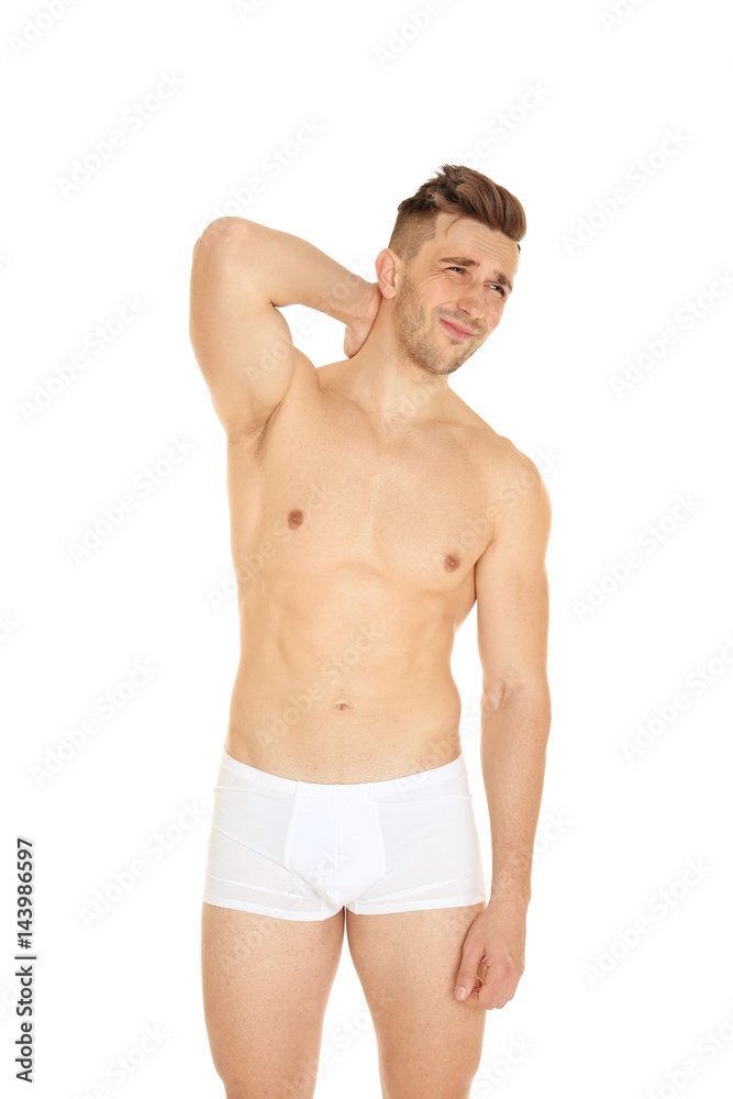 Young man suffering from neck pain on white background Young man suffering from neck pain on white background