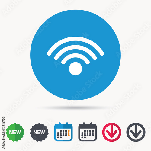 Wifi icon. Wireless internet sign. Communication technology symbol. Calendar, download arrow and new tag signs. Colored flat web icons. Vector