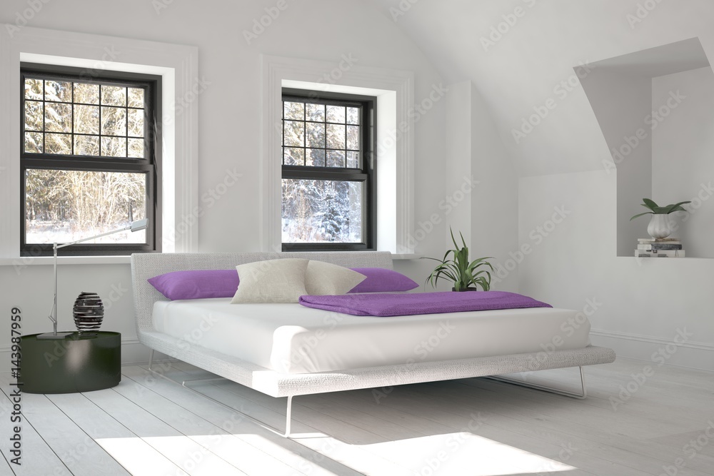 Fototapeta premium White bedroom with winter landscape in window. Scandinavian interior design. 3D illustration