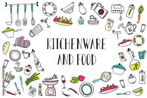 set of kitchen utensils and food. Design elements of kitchen.