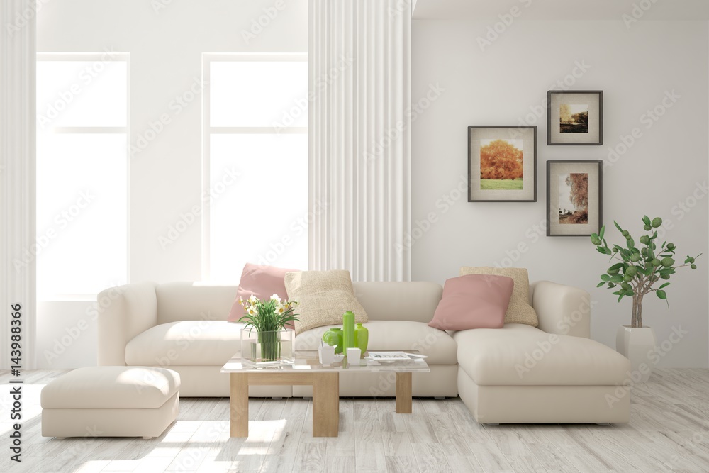 Fototapeta premium White modern room with sofa. Scandinavian interior design. 3D illustration