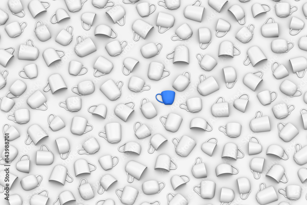 Cups with blue color centre cup on grayscale background 3D illustration