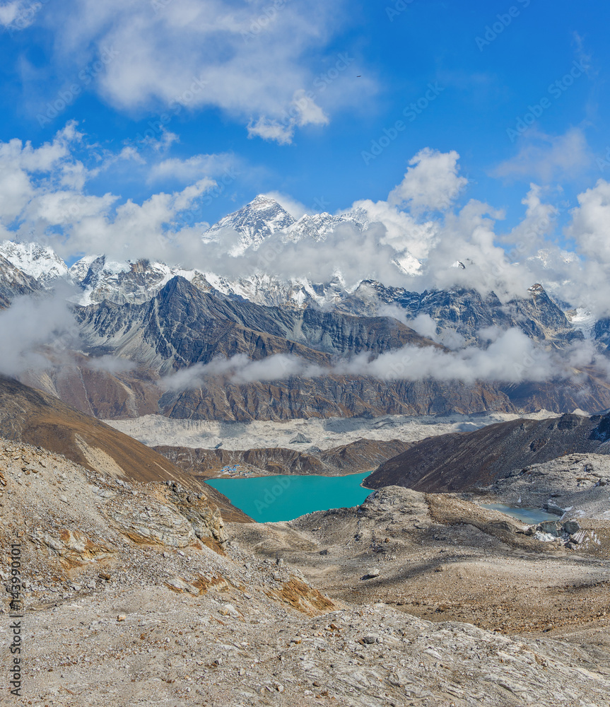 View from the Renjo Pass (5360 m) on the Mahalangur Himal, Ngozumba glacier, Dudh Pokhari Lake, and the Gokyo village - Nepal, Himalayas