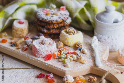 Set of rahat lokum with candied peels, nuts and sugar powder