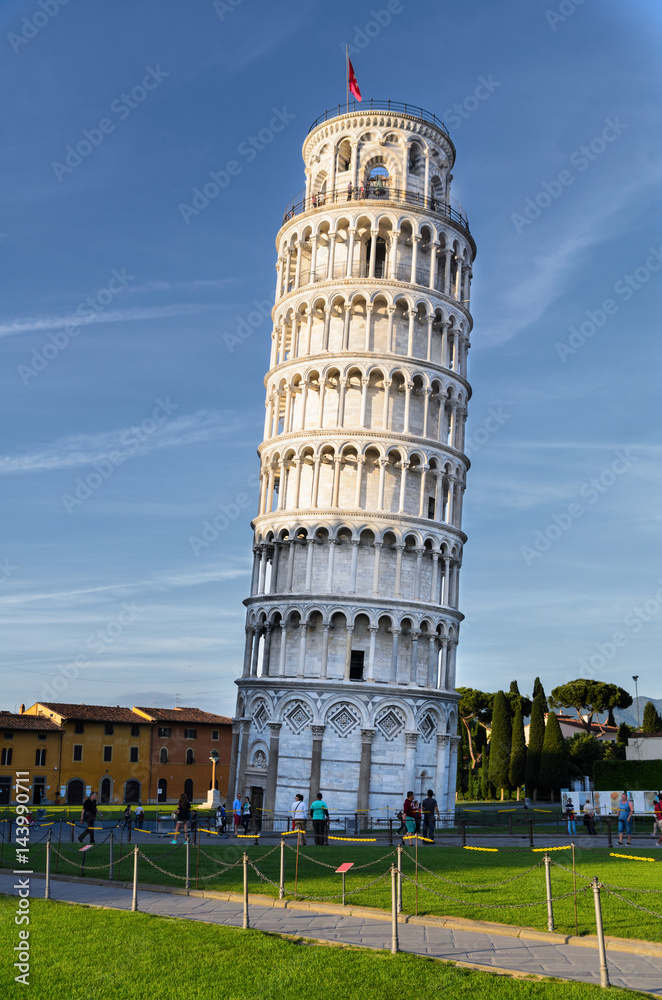 Sunset view of Leaning Tower of Pisa, Tuscany, Italy