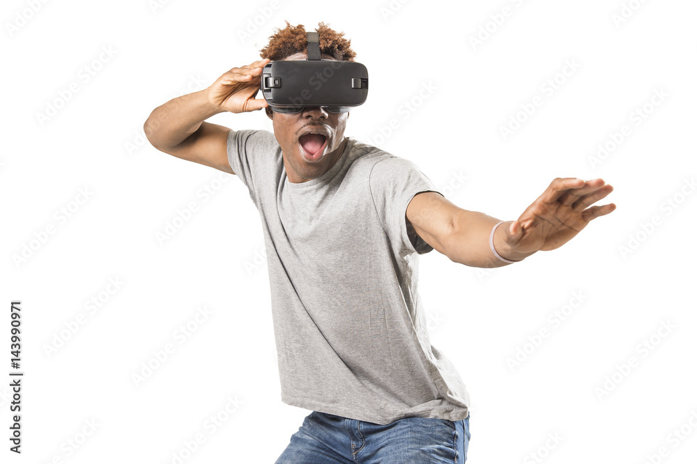 afro american man wearing virtual reality vr 360 vision goggles enjoying video game