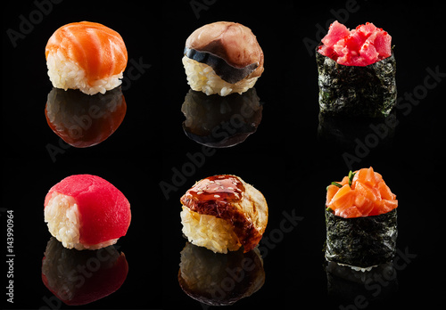 Set of sushi balls and maki rolls