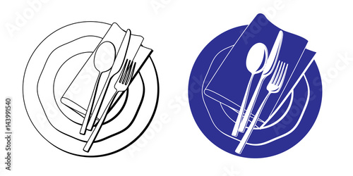 Plate saucer spoon fork knife napkin vector illustration in white and blue version