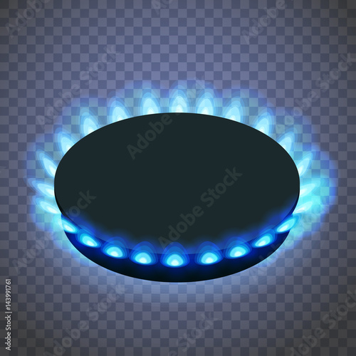 Isometric gas burner or hob on a transparent background. Vector Blue flame.