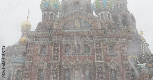 Church of the Savior on Blood during a blizzard, Russia, Saint Petersburg, 4K video, snow, slog