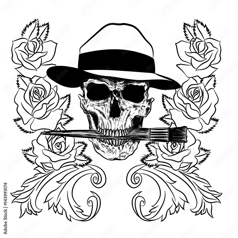 Fototapeta premium Human skullwith brush on isolated white background