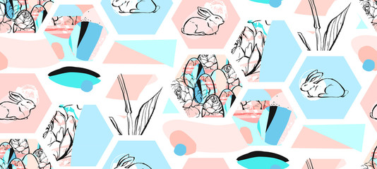 Crédence de cuisine Lapin patrons Hand drawn vector abstract artistic textured hexagon shapes Easter collage seamless pattern with graphic flowers,bunny and Easter eggs in pastel colors isolated on white background.Cute decoration.  © anastasy_helter