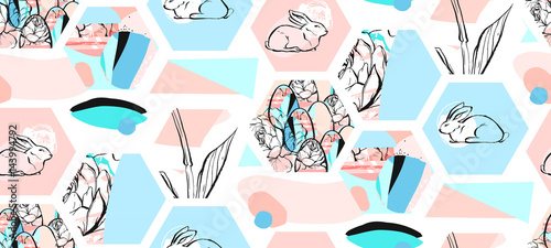 Hand drawn vector abstract artistic textured hexagon shapes Easter collage seamless pattern with graphic flowers,bunny and Easter eggs in pastel colors isolated on white background.Cute decoration.