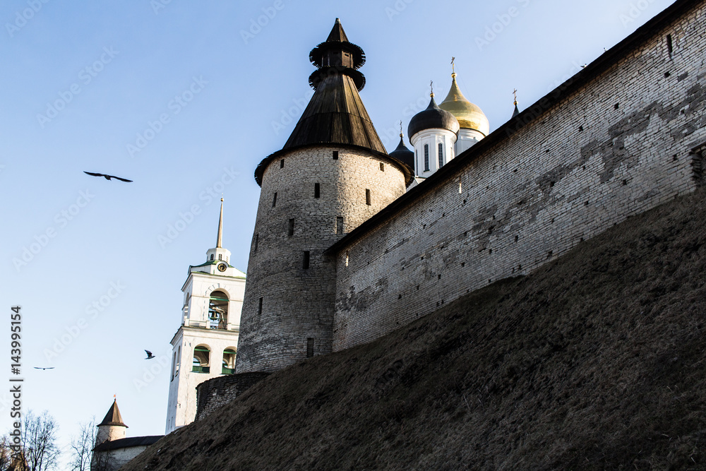 Medieval fortress walls with a tower.
