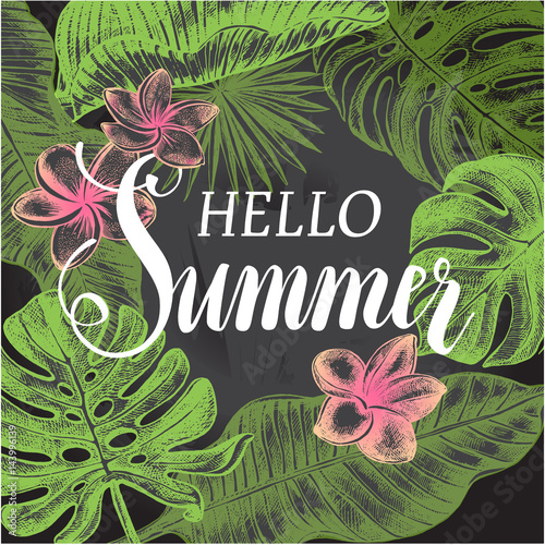 Background with Ink hand drawn tropical elements - Banana leaves, frangipani flowers, monstera, palm leaves. Template for cards, banners with brush calligraphy style lettering. Vector illustration.