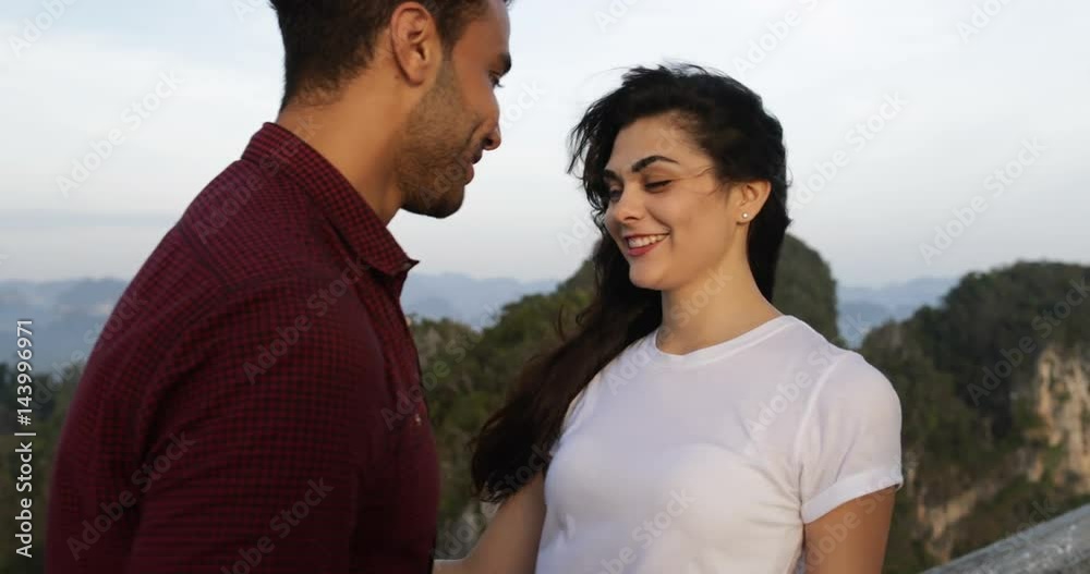 Couple Embracing On Mountain Top, Man And Woman Looking At Each Other Slow Motion 60 Couple Embracing On Mountain Top, Man And Woman Looking At Each Other Slow Motion 60