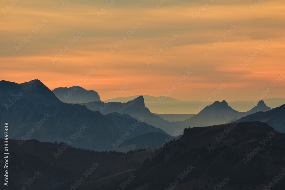 Sunset view from mount Niesen, Swiss Alps. Painting like impression.