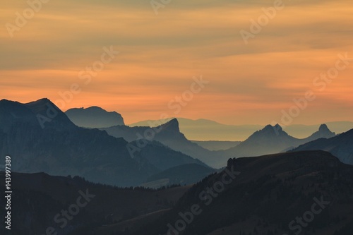 Sunset view from mount Niesen, Swiss Alps. Painting like impression.