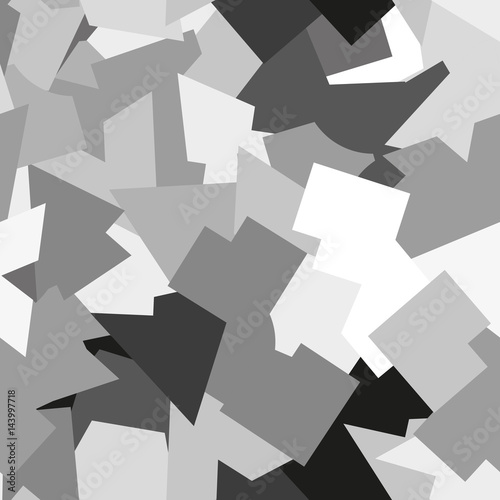 Seamless abstract geometric fashion or military camouflage pattern. Gray, white, black elements.