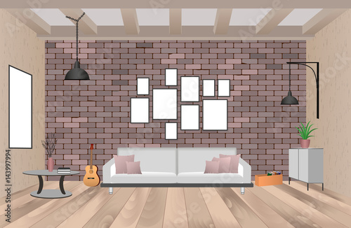 Living room interior with furniture in hipster style with empty frames, sofa, lamps, guitar and brick wall.