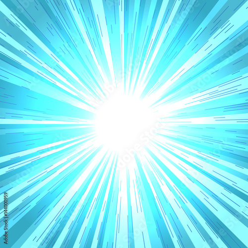 Comic book radial lines background. Effect of blue sunshine rays. Manga speed explosion frame with speed lines.
