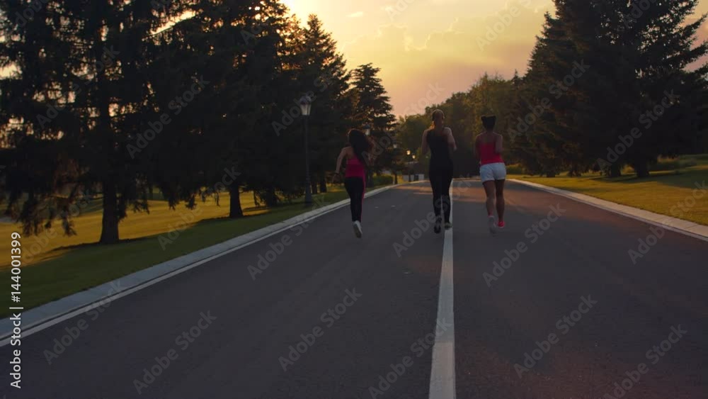 Fitness women running in park. Back view of women group running on park road. Candid women jogging at sunset. Fit girls training. Female runners training outdoors. Women running in slow motion Fitness women running in park. Back view of women group running on park road. Candid women jogging at sunset. Fit girls training. Female runners training outdoors. Women running in slow motion