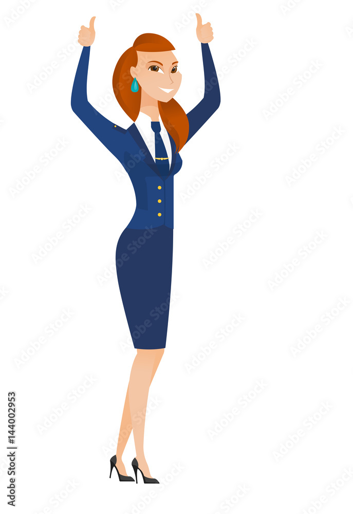 Stewardess standing with raised arms up. Stewardess standing with raised arms up.