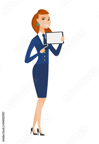 Smiling stewardess holding tablet computer.