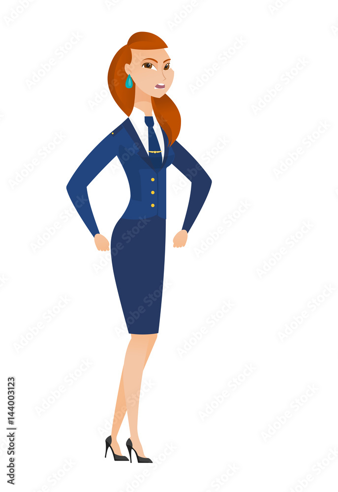 Young caucasian angry stewardess screaming. Young caucasian angry stewardess screaming.