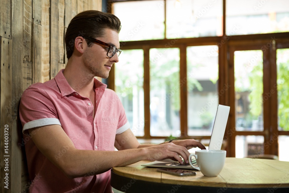 Handsome young man using laptop at table in coffee shop Handsome young man using laptop at table in coffee shop
