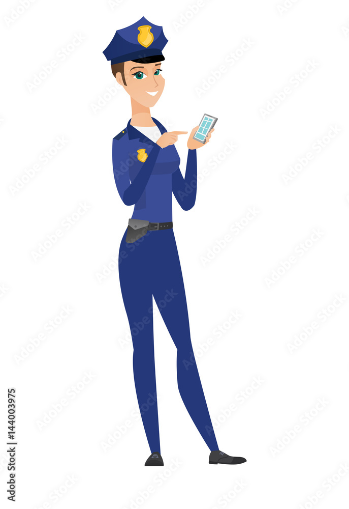 Caucasian policewoman holding a mobile phone. Caucasian policewoman holding a mobile phone.