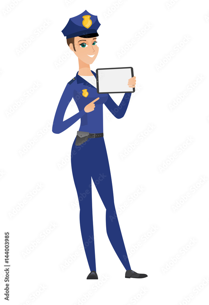 Smiling policewoman holding tablet computer.